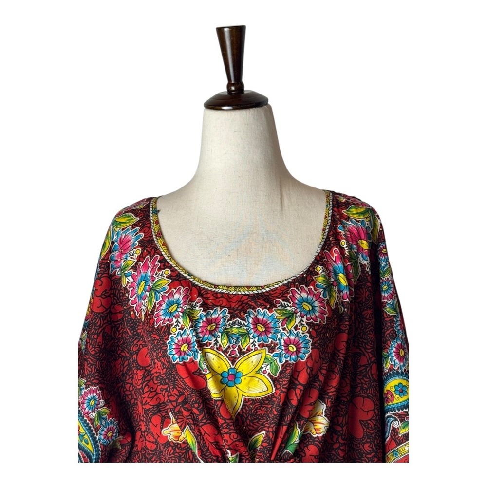 True Rock Caftan Dress Women OS Red Floral Print Maxi Kaftan Boho Coverup Kimono - Picture 3 of 10